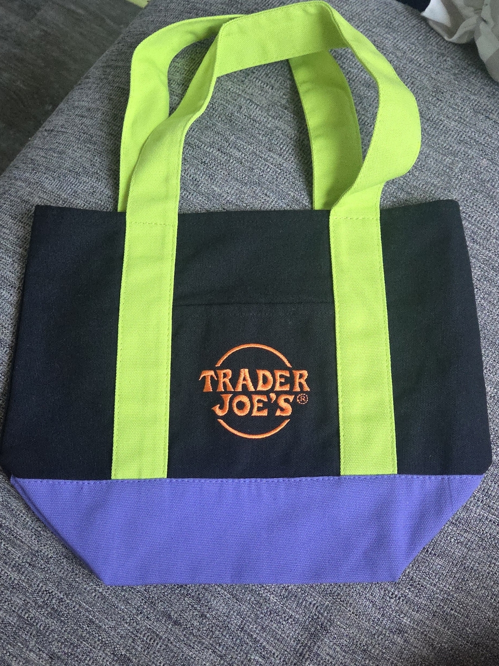 Trader Joe's Black Tote with Lime Green Straps and Purple Base
